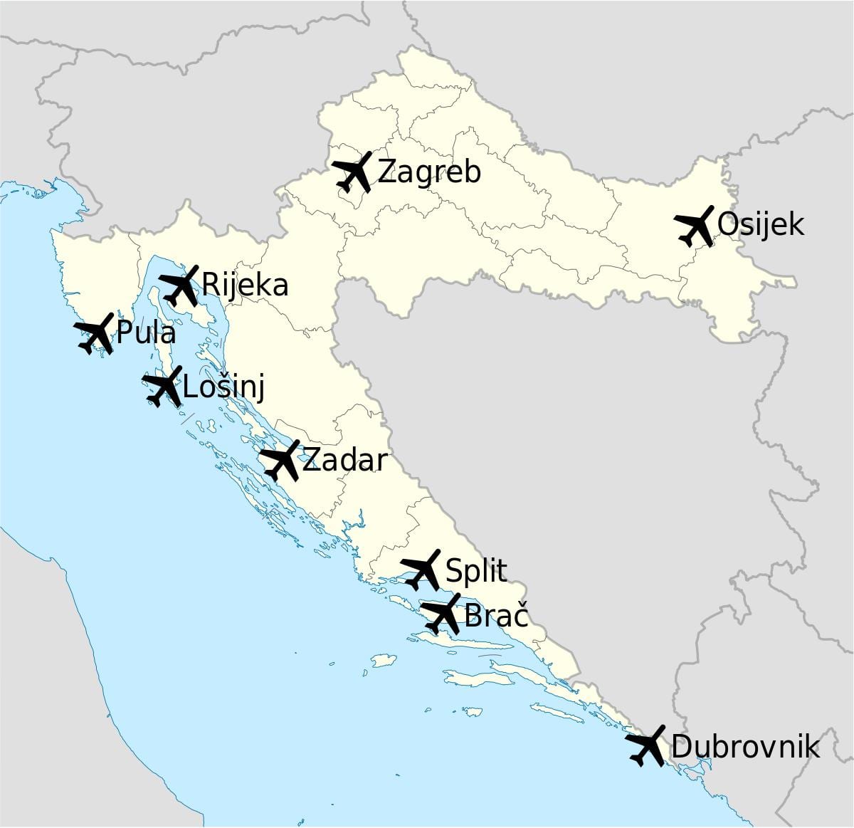 mapa de croàcia mostrant aeroports