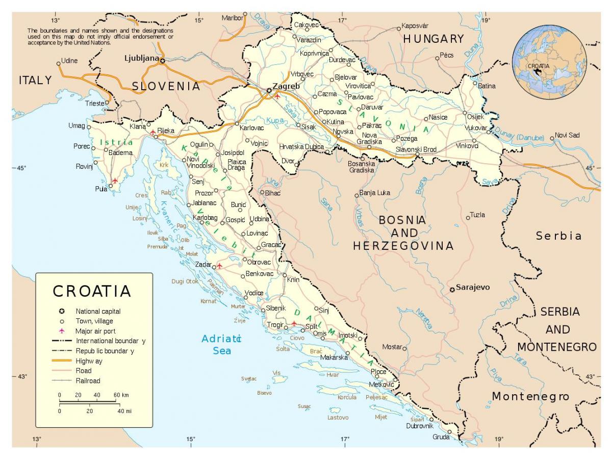 mapa amb les ciutats de croàcia